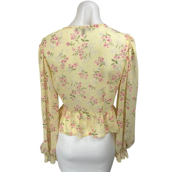 Lulus Womens Yellow Pink Floral Long Sleeve Deep V Neck Peplum Blouse Top Size M - Picture 2 of 4